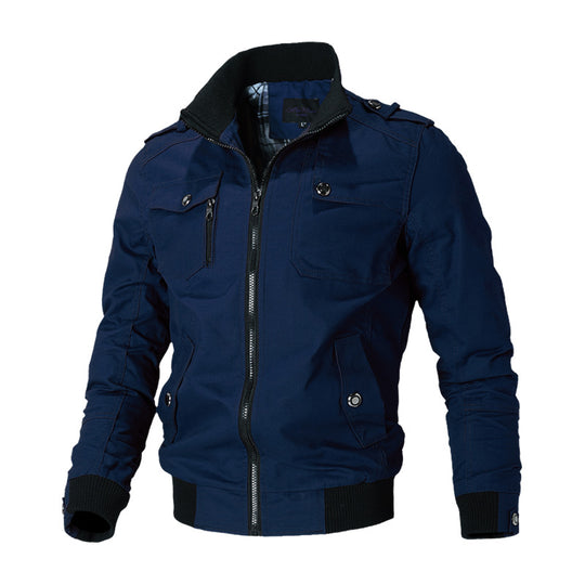Herren nan urbaner Canvas-Bomberjacke mit Rippbündchen, Stehkragen und Mehrfach-Brusttaschen EB