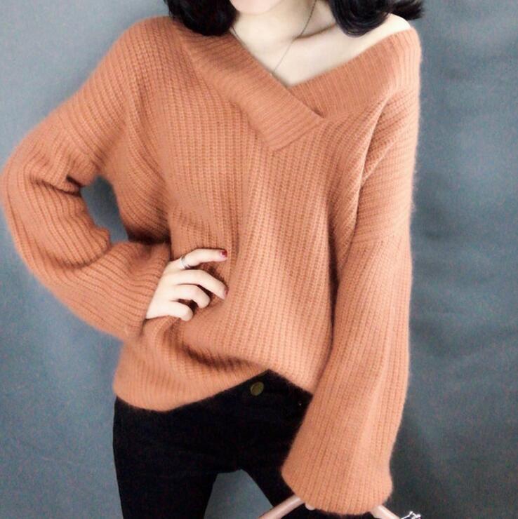 Damen Strickpullover im lässigen Oversized-Stil mit V-Ausschnitt EB