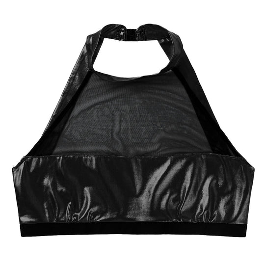 Damen Sportlicher Crop-Top aus glänzendem Material mit dekorativen Rüschen EB