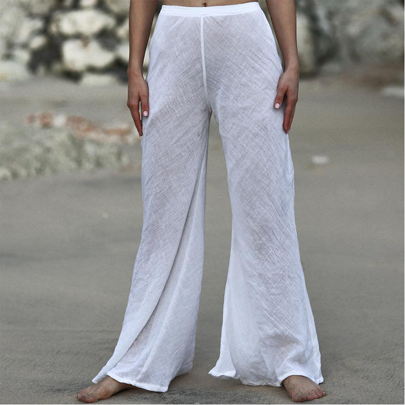 Damen Luftige Leinenhose mit breitem Beinausschnitt und elastischem Bund EB