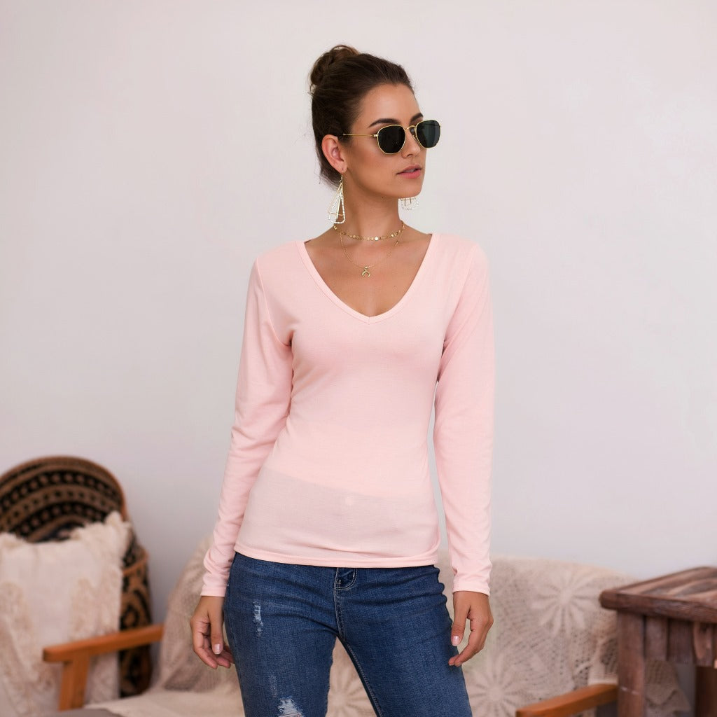 Damen Langarmshirt mit V-Ausschnitt und enganliegendem Design EB