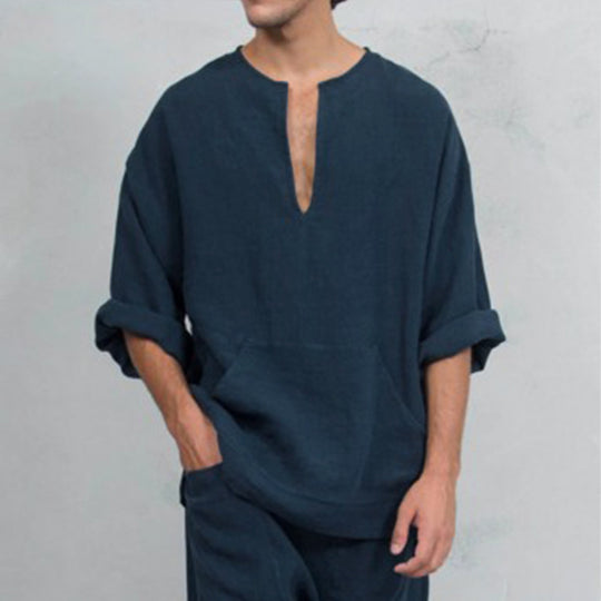 Herren lässiges Leinenoberteil mit Henley-Ausschnitt und praktischer Kängurutasche EB