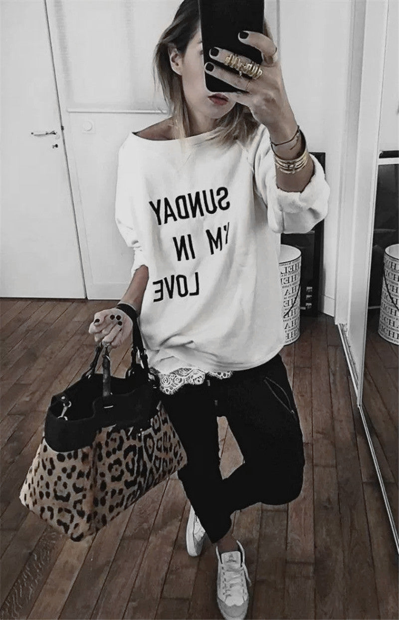 Damen lässiger Sweatshirt mit weitem Schnitt und Schriftzug EB