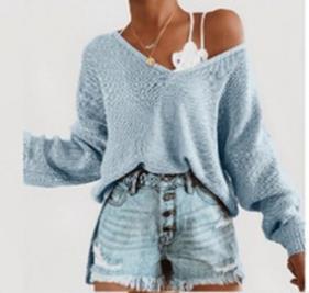 Damen lässiger Strickpullover mit tiefem V-Ausschnitt und lockerer Silhouette EB