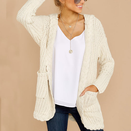 Damen lässige Strickjacke mit Kapuze und strukturiertem Design EB
