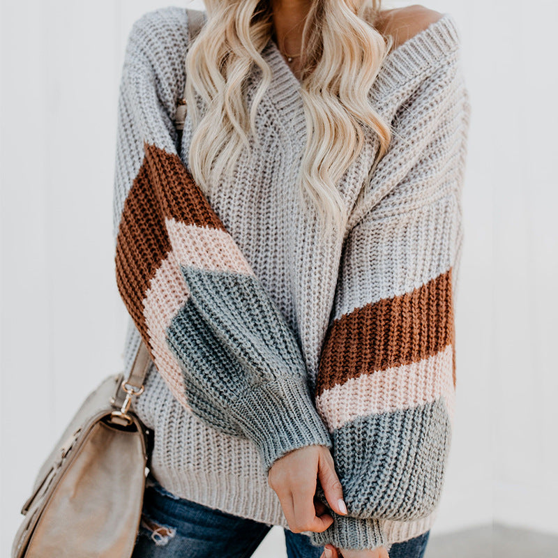 Damen eleganter V-Ausschnitt Strickpullover mit kontrastierenden Ärmeln EB