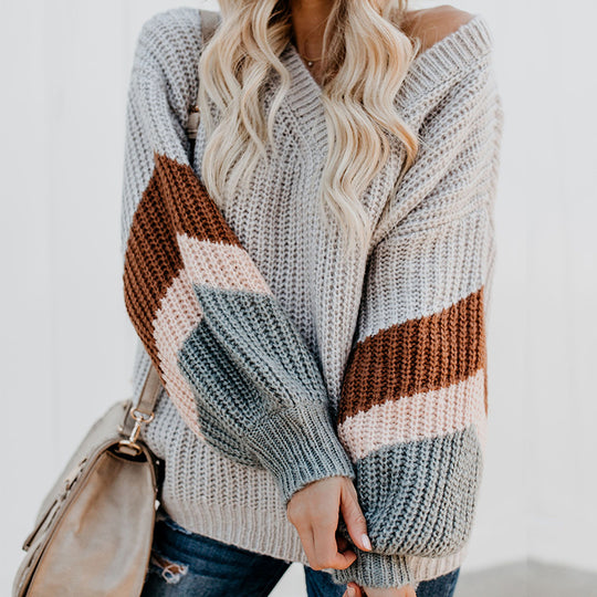 Damen eleganter V-Ausschnitt Strickpullover mit kontrastierenden Ärmeln EB