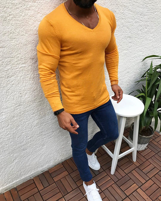 Herren elegantes Langarmshirt mit V-Ausschnitt und figurbetontem Schnitt EB