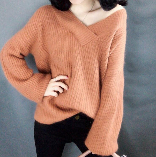 Damen Strickpullover im lässigen Oversized-Stil mit V-Ausschnitt EB