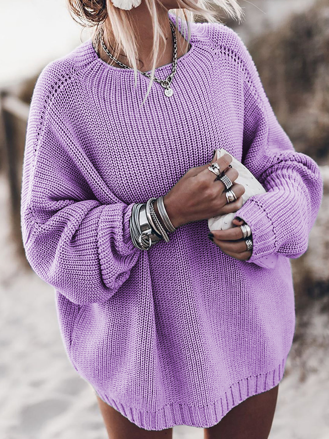Damen Oversized Strickpullover mit luftigen Maschen und Seitenschlitzen EB