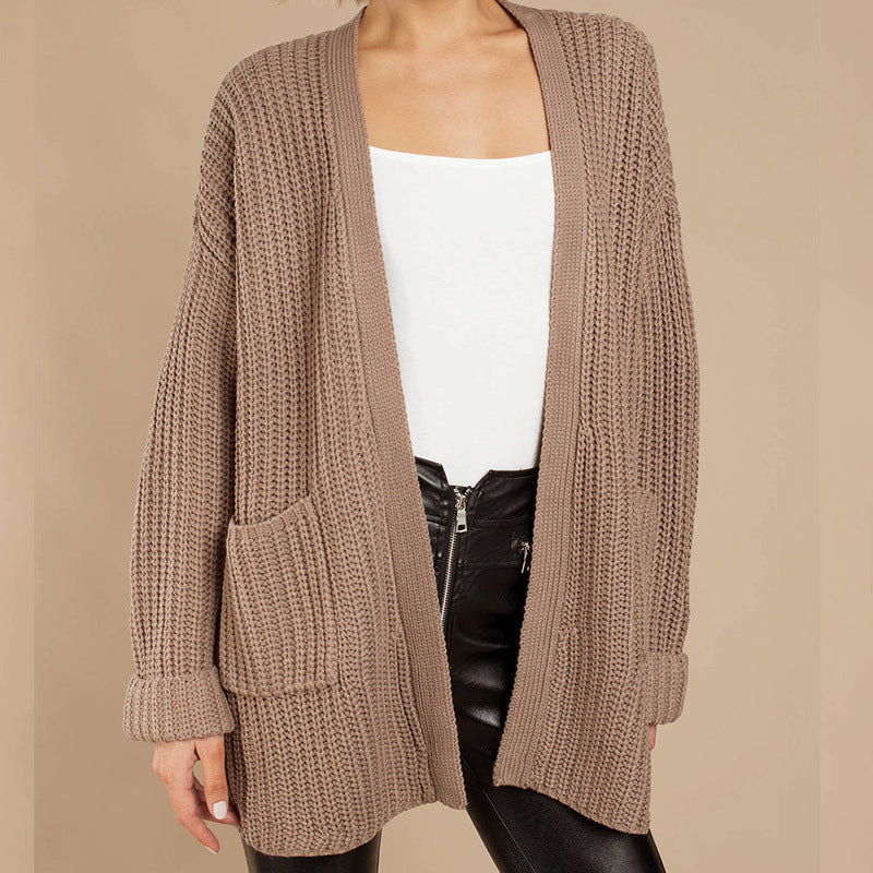 Damen Grob gestrickte Kuscheljacke mit tiefem V-Ausschnitt und lässigem Schnitt EB