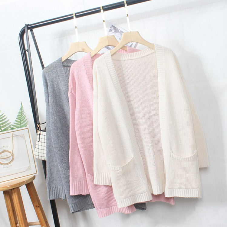 Damen gemütliche Strickjacke mit offenen Fronten und dekorativen Taschen EB