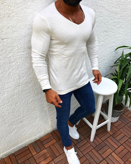 Herren figurbetontes Longsleeve aus Baumwolle mit V-Ausschnitt EB