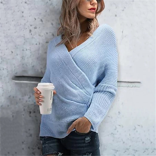 Damen Wickelpullover mit modernen Rippdetails und lässigem Schnitt EB