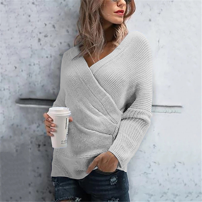 Damen lässiger Wickelpullover mit V-Ausschnitt und strukturierter Maschenoptik EB