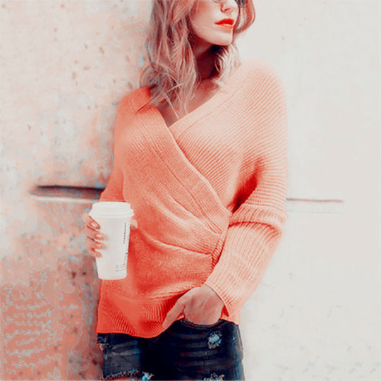 Damen Wickelpullover mit modernen Rippdetails und lässigem Schnitt EB