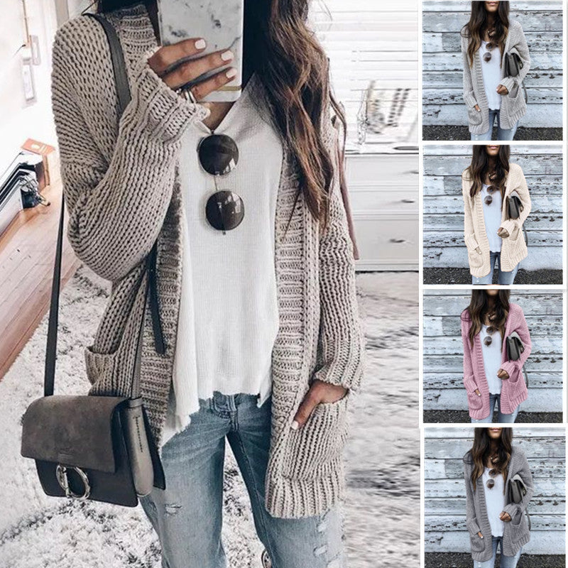 Damen lässige Strickjacke mit großen Taschen und offenen Kanten EB