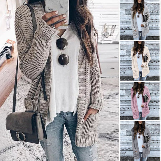 Damen lässige Strickjacke mit großen Taschen und offenen Kanten EB