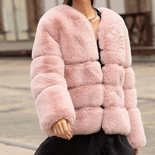 Damen Modische Kunstfelljacke mit voluminösen Puffärmeln und nahe des Halses schließendem Design EB