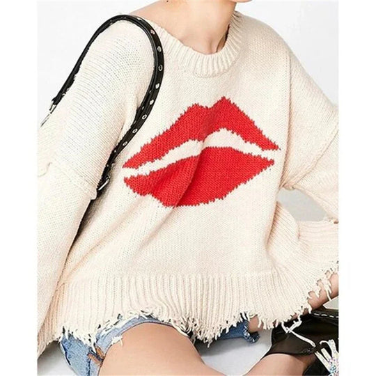 EB | Sweatshirt Übergröße Passform Chunky Strick Lippenprint Fransen Saum