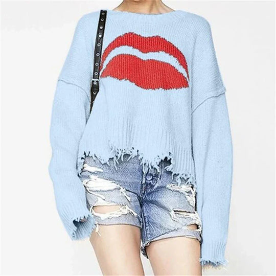 EB | Sweatshirt Übergröße Passform Chunky Strick Lippenprint Fransen Saum