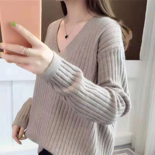 Damen V-Ausschnitt Strickpullover mit feiner Rippstruktur und lässigem Schnitt EB