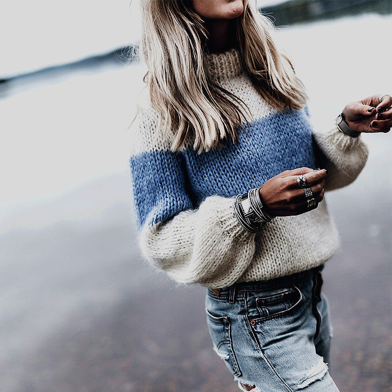 Damen lässiger Strickpullover mit Stehkragen und modernen Streifen EB