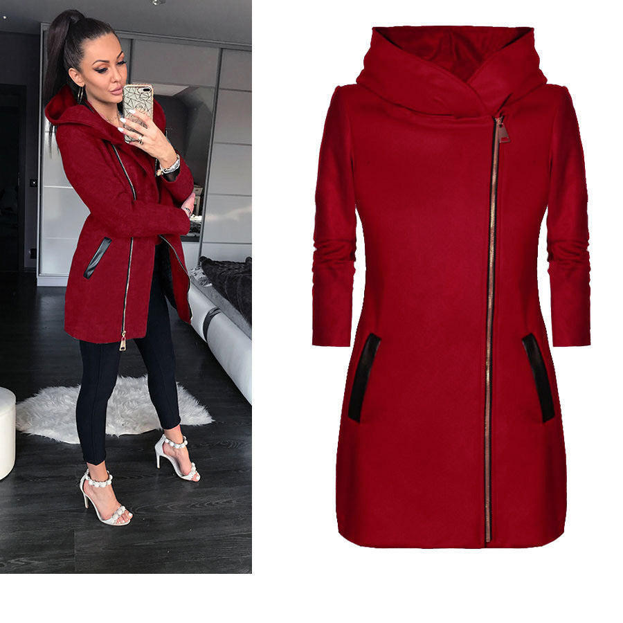 Damen modischer Kapuzenmantel mit asymmetrischem Reißverschluss und praktischen Taschen EB