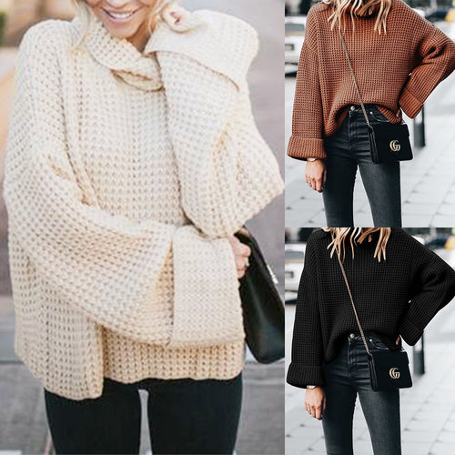 Damen modischer Grobstrickpullover mit hohem Kragen und voluminösen Ärmeln EB