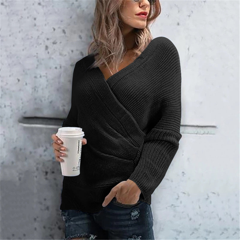 Damen lässiger Wickelpullover mit V-Ausschnitt und strukturierter Maschenoptik EB