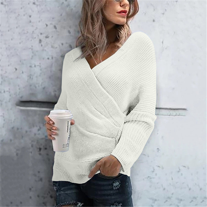 Damen lässiger Wickelpullover mit V-Ausschnitt und strukturierter Maschenoptik EB