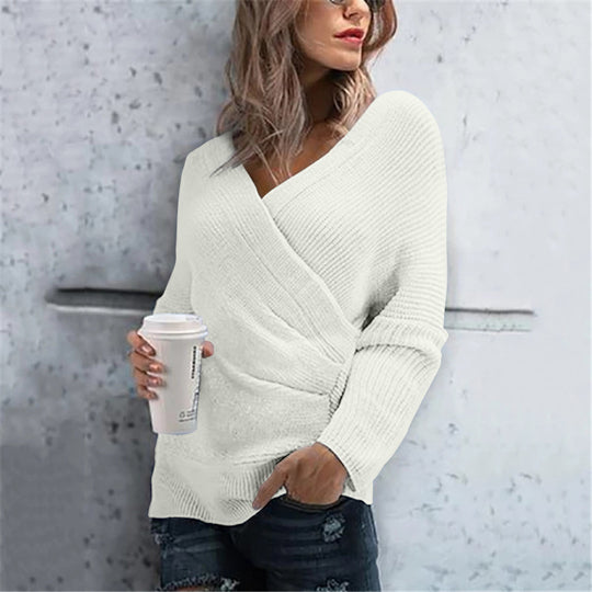Damen lässiger Wickelpullover mit V-Ausschnitt und strukturierter Maschenoptik EB