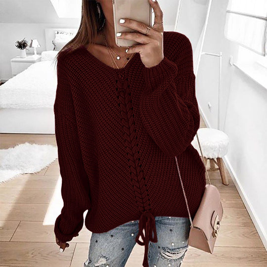 Damen lässiger Strickpullover mit modischem Schnürdetail EB