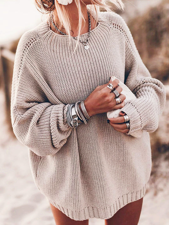 Damen Oversized Strickpullover mit luftigen Maschen und Seitenschlitzen EB