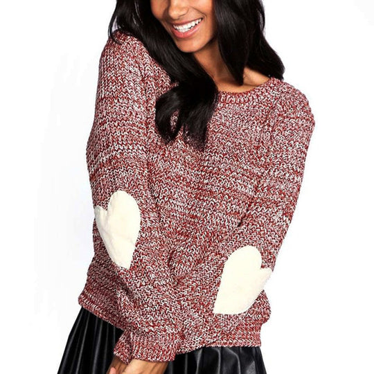 Damen Strickpullover mit Herzapplikationen an den Ärmeln EB
