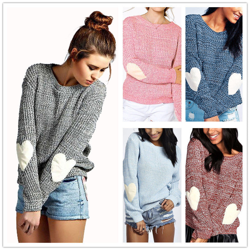 Damen Strickpullover mit Herzapplikationen an den Ärmeln EB