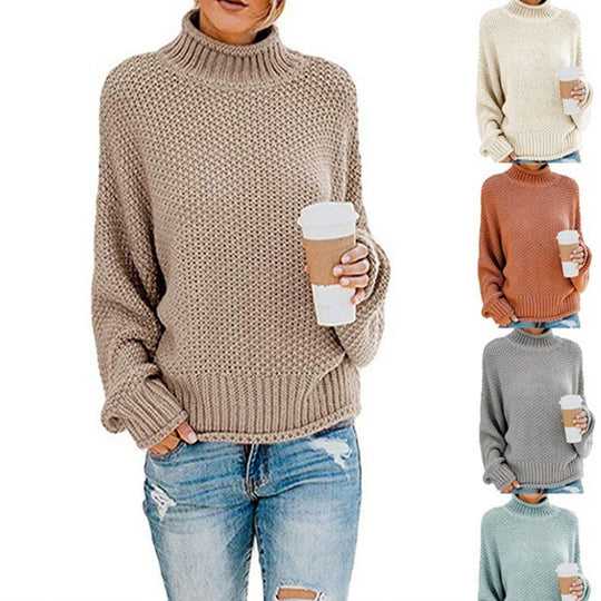 Damen Grobstrickpullover mit hohen Kragen und lockerem Design EB