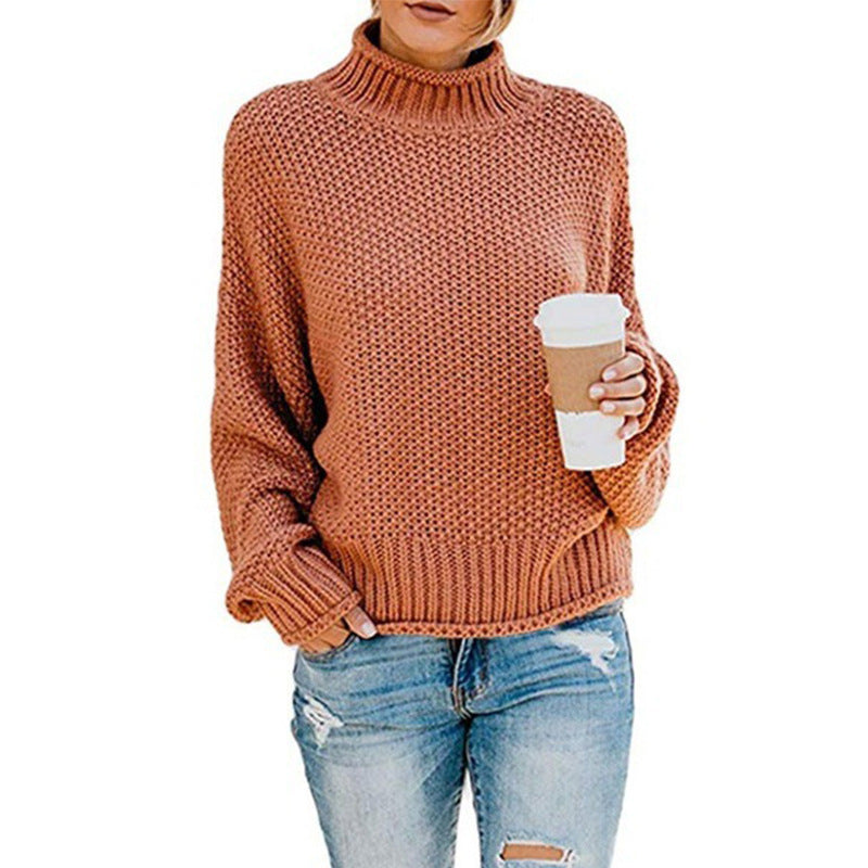 Damen Grobstrickpullover mit hohen Kragen und lockerem Design EB