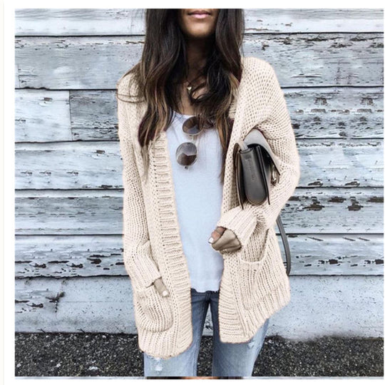 Damen lässige Strickjacke mit großen Taschen und offenen Kanten EB