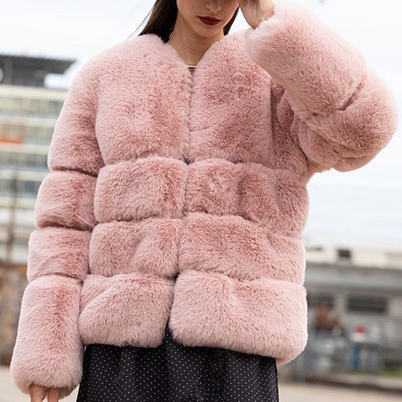 Damen Modische Kunstfelljacke mit voluminösen Puffärmeln und nahe des Halses schließendem Design EB