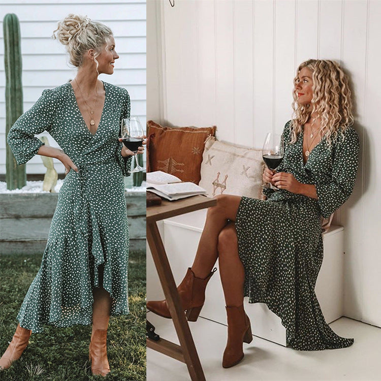 Damen Wickelkleid mit fließendem Rock und V-Ausschnitt EB
