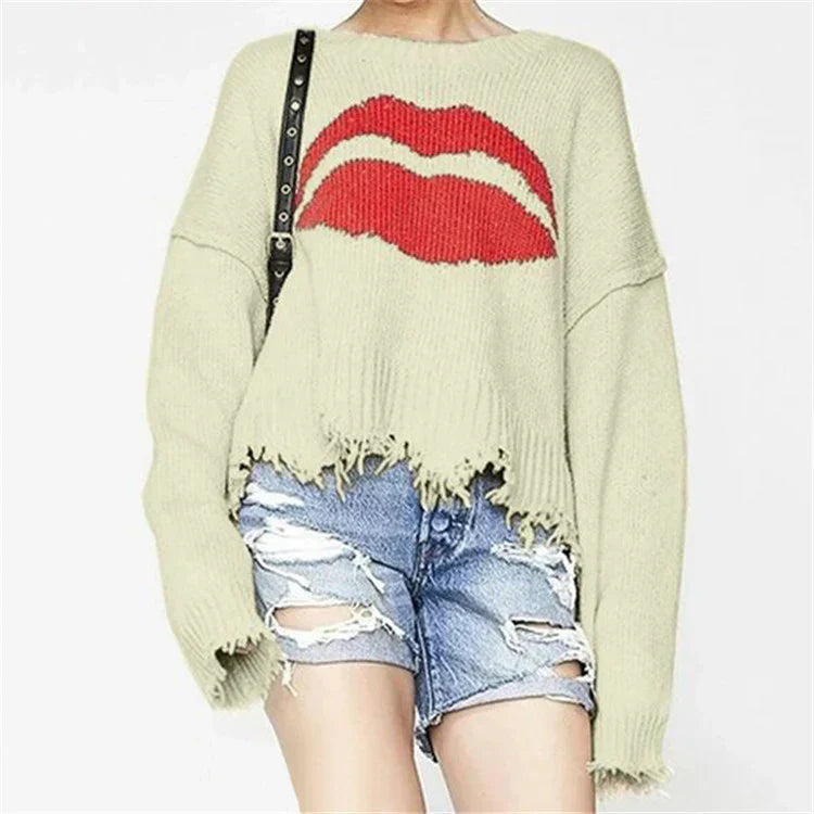 EB | Sweatshirt Übergröße Passform Chunky Strick Lippenprint Fransen Saum