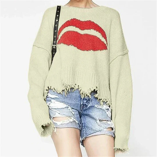 EB | Sweatshirt Übergröße Passform Chunky Strick Lippenprint Fransen Saum