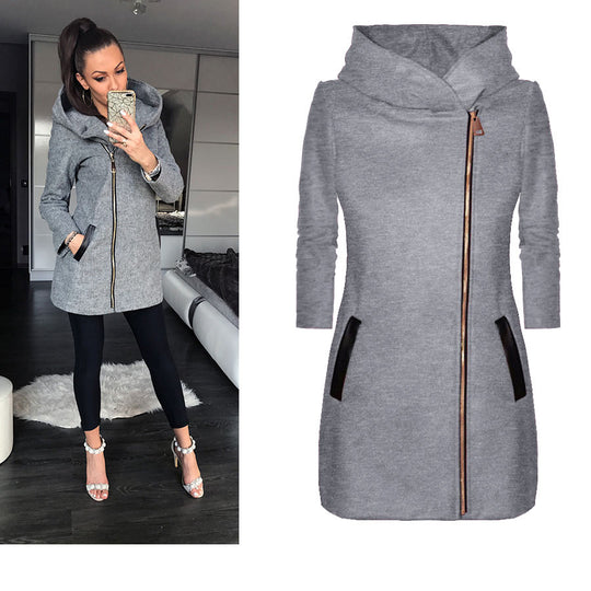 Damen modischer Kapuzenmantel mit asymmetrischem Reißverschluss und praktischen Taschen EB
