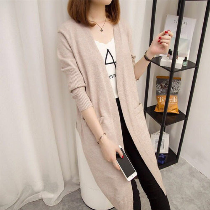 Damen Langer Strickcardigan mit offenen Vorderteilen und tiefen Taschen EB