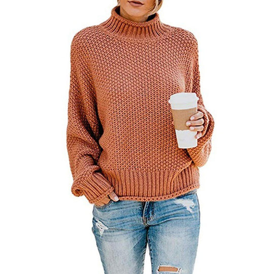 Damen Grobstrickpullover mit hohen Kragen und lockerem Design EB