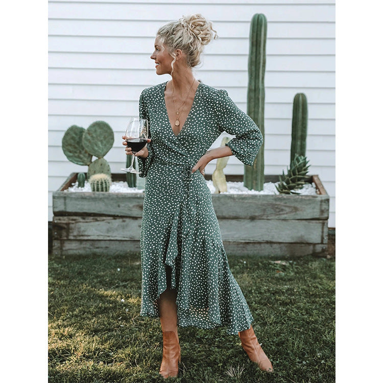 Damen Wickelkleid mit fließendem Rock und V-Ausschnitt EB