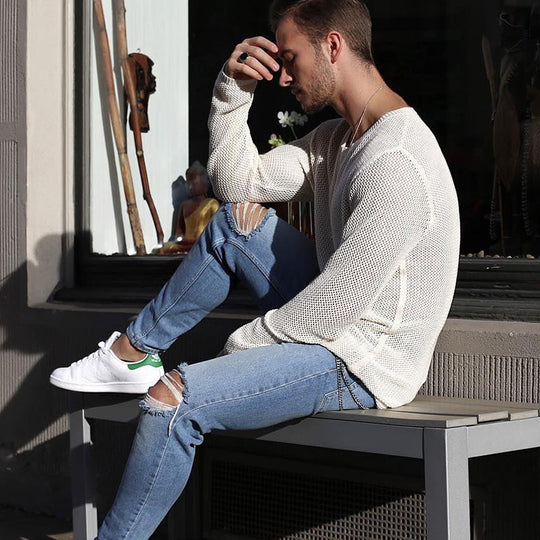 Herren langer Strickpullover mit strukturiertem Muster und lässigem Schnitt EB