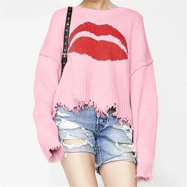 EB | Sweatshirt Übergröße Passform Chunky Strick Lippenprint Fransen Saum