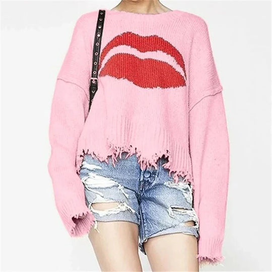 EB | Sweatshirt Übergröße Passform Chunky Strick Lippenprint Fransen Saum